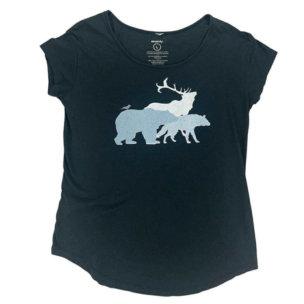 Seventyly Black Wildlife Graphic Print T Shirt‎ Womens Large Bear Deer Wolf